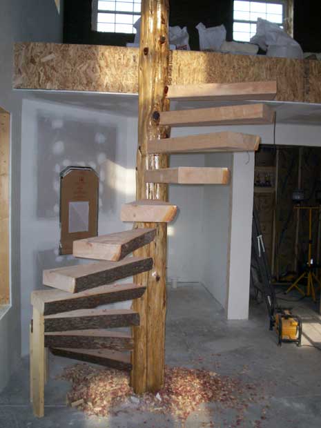 Handcrafted Solid Wood Cherry and Cedar Spiral Stairs In-Process